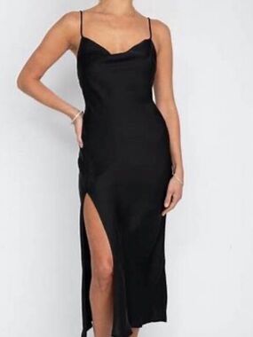 RESA Black Cowl Neck Slip midi Dress with High Thigh Slit